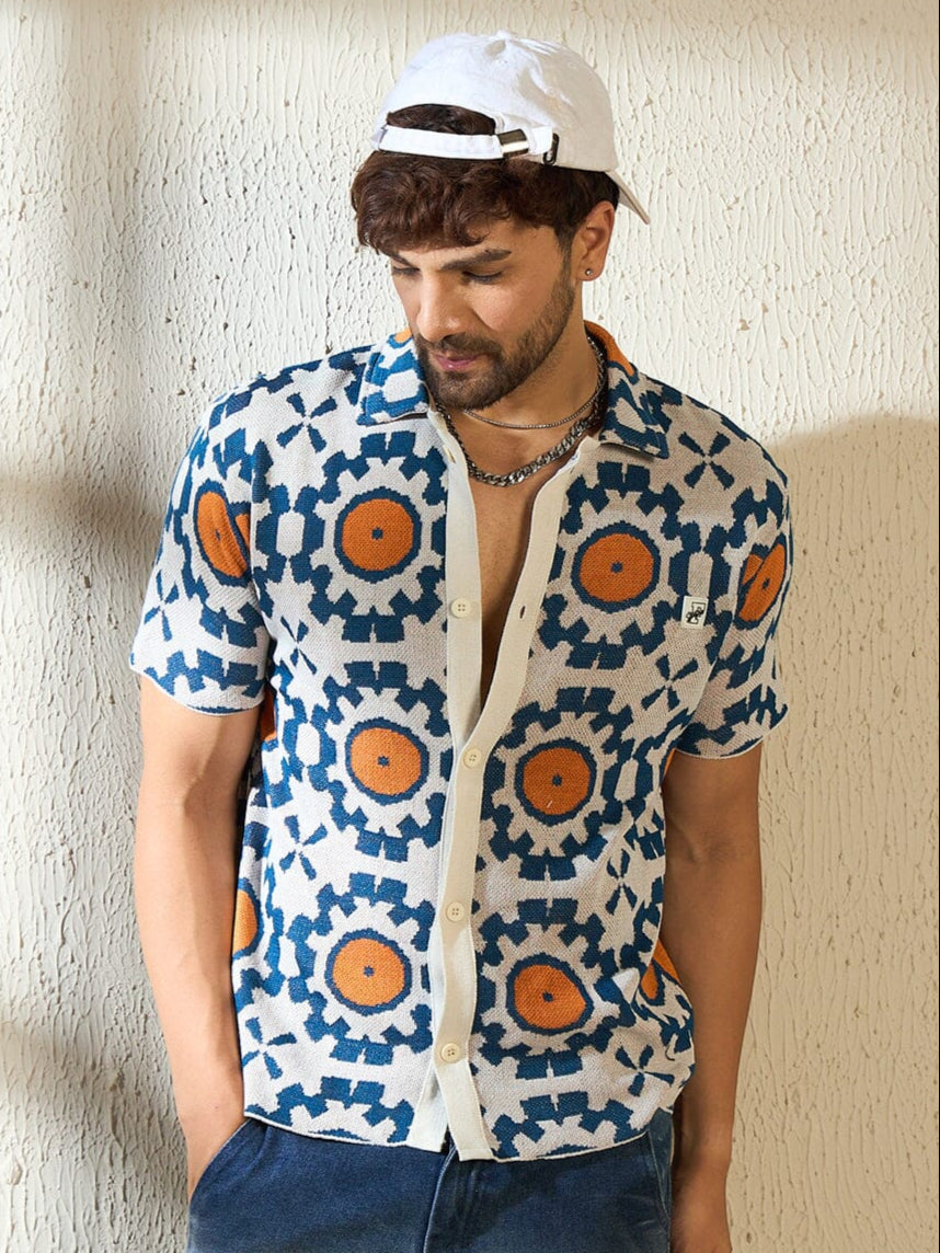Navy & Orange Symmetrical Graphic Crochet Shirt