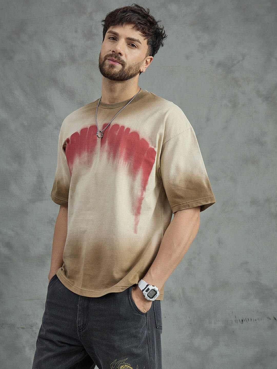 Biege Washed Faded Graphic Oversized Tee