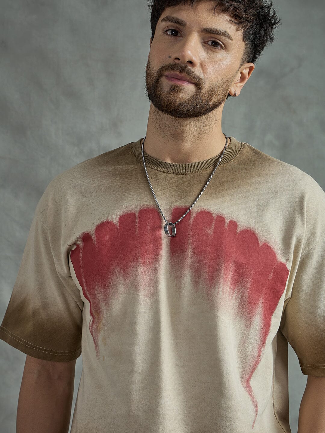 Biege Washed Faded Graphic Oversized Tee
