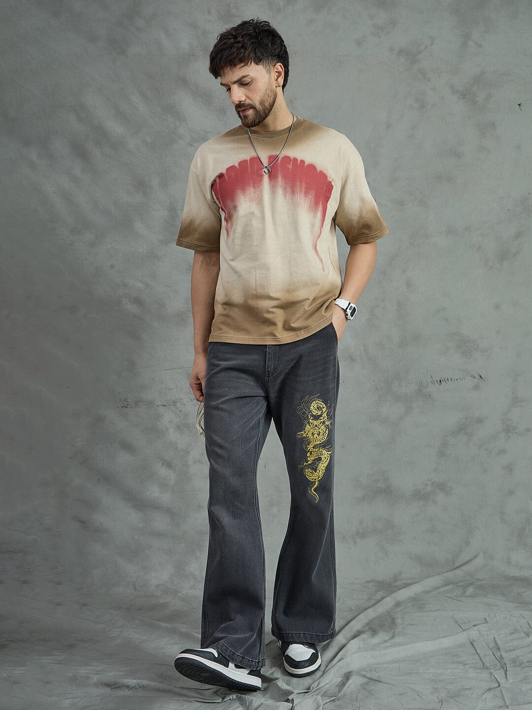 Biege Washed Faded Graphic Oversized Tee
