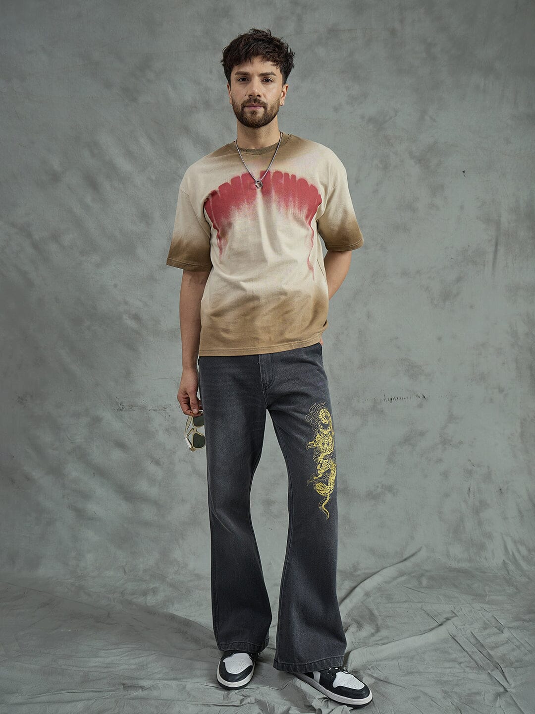 Biege Washed Faded Graphic Oversized Tee