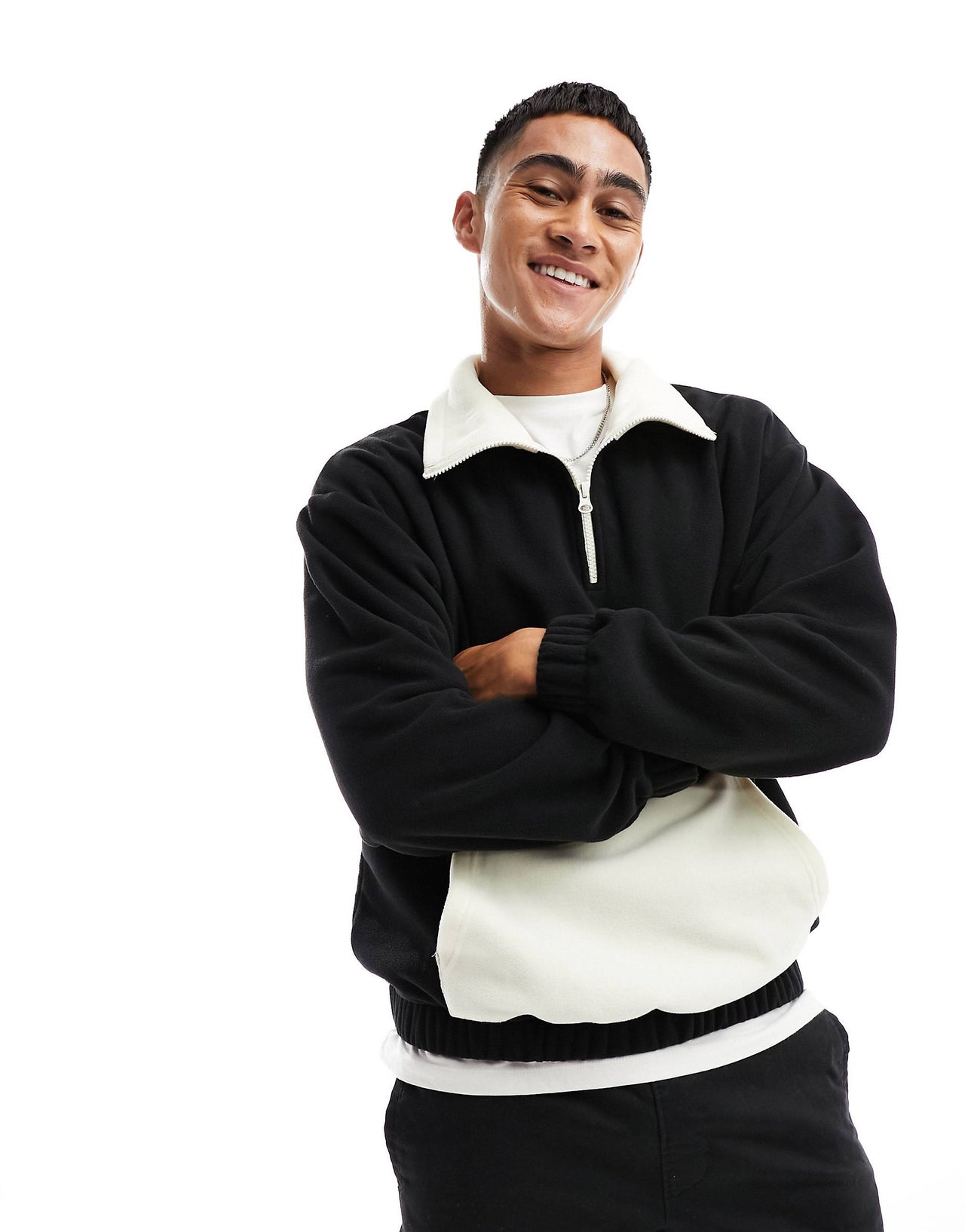 oversized funnel neck half zip polar fleece sweatshirt in black with contrast pocket
