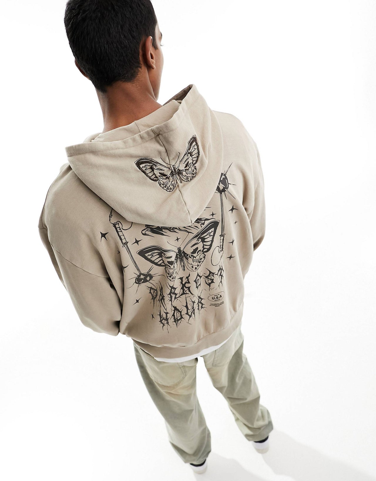 oversized hoodie with back print and butterfly embroidered hood in brown