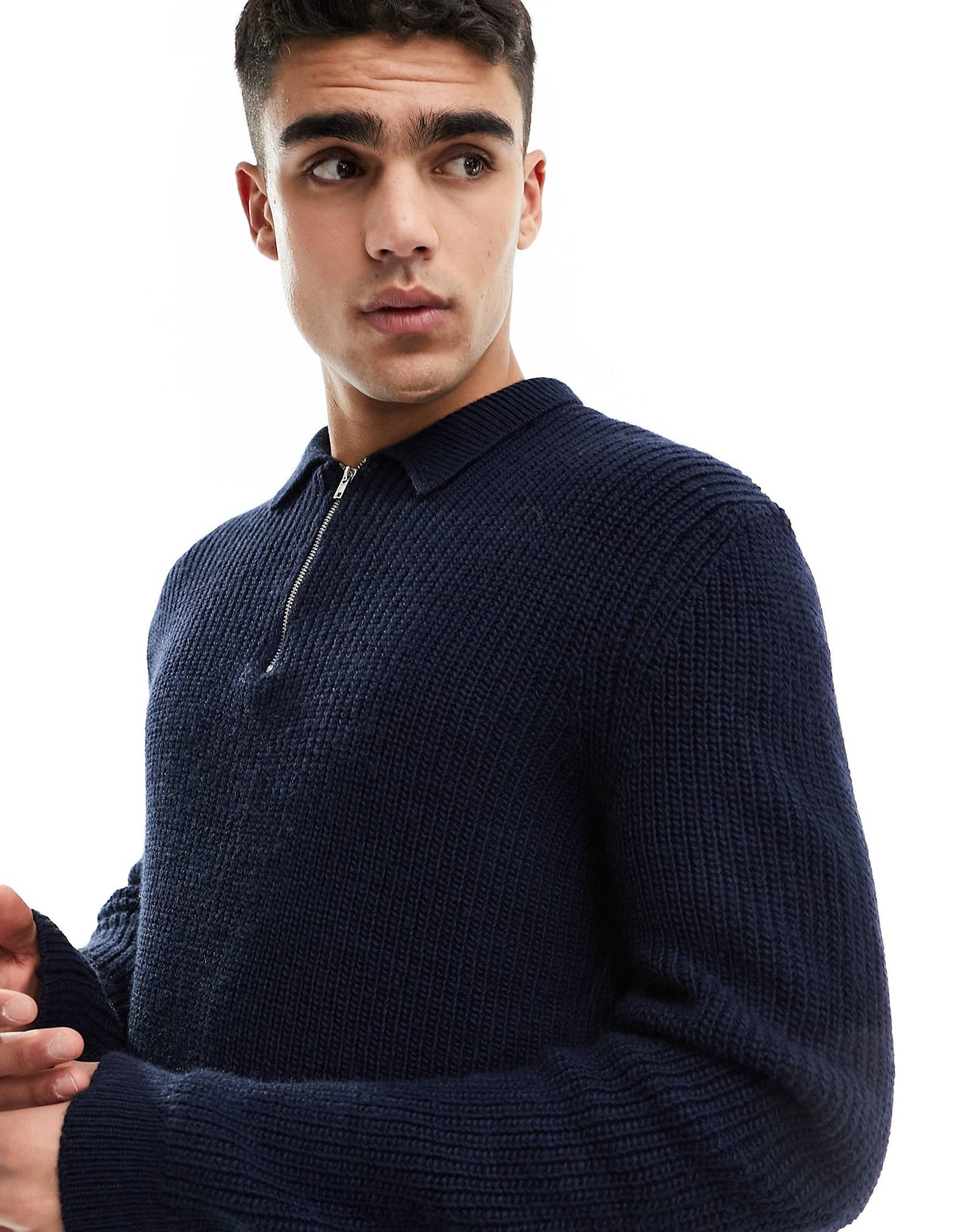 heavyweight 1/4 zip rib jumper with collar in navy