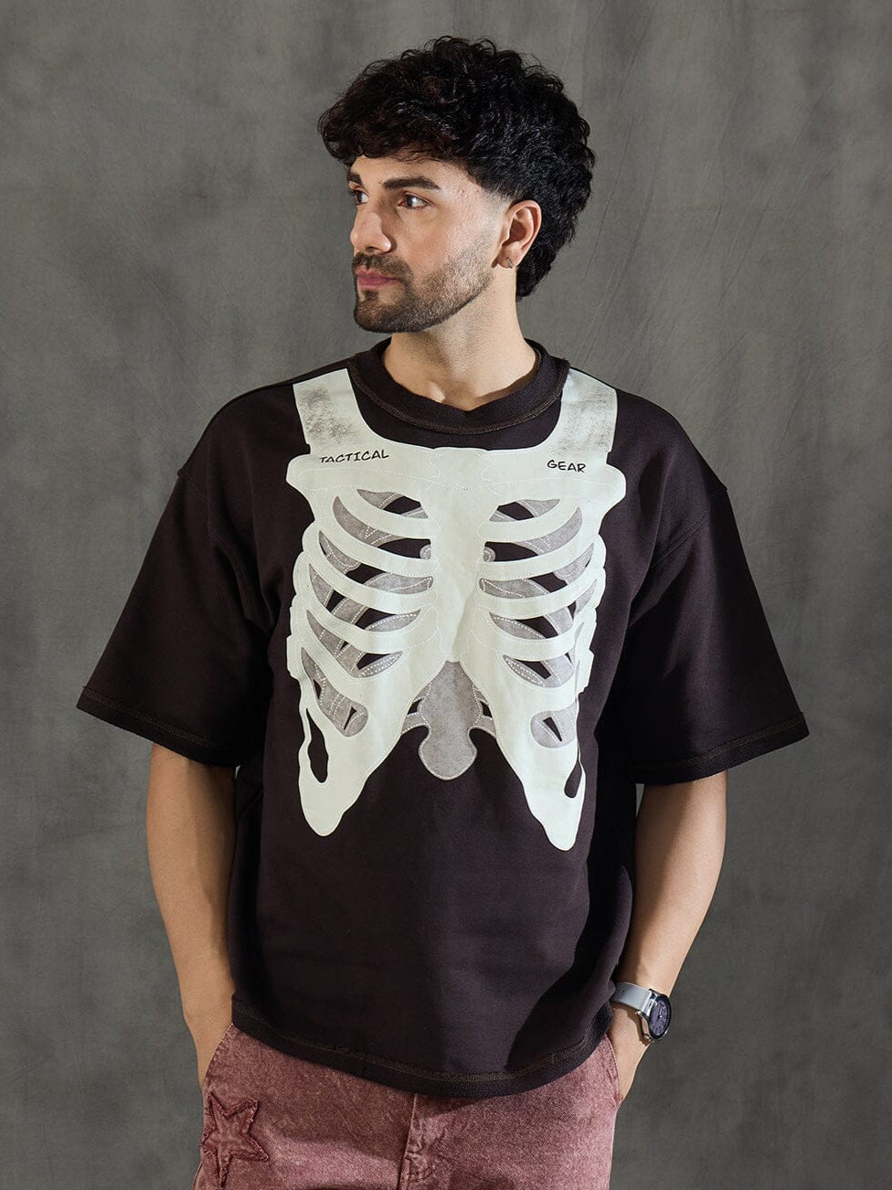 Brown Rib Cage Graphic Oversized Tshirt