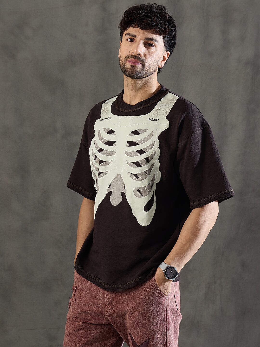 Brown Rib Cage Graphic Oversized Tshirt