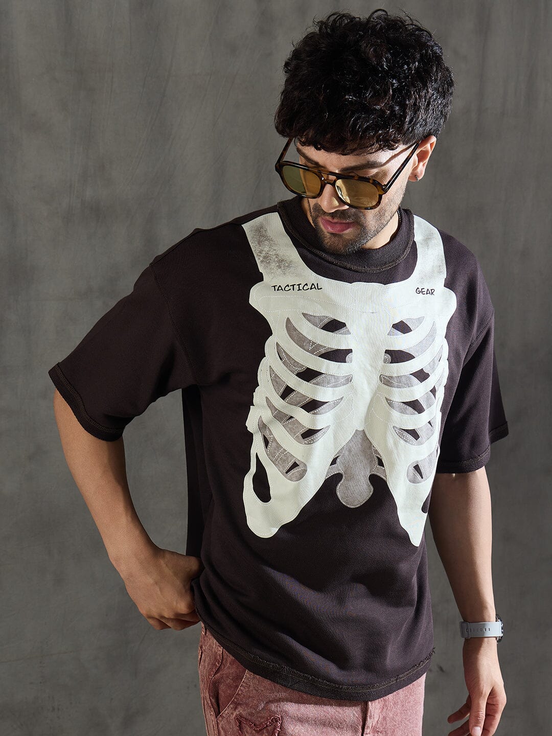 Brown Rib Cage Graphic Oversized Tshirt