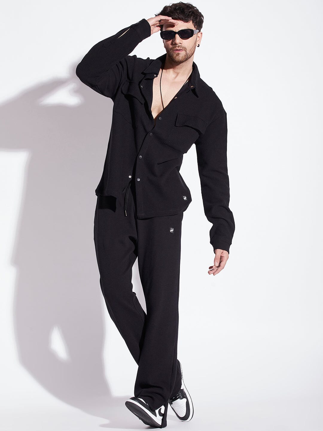 Black Pleated OverShirt And Pants Combo Set
