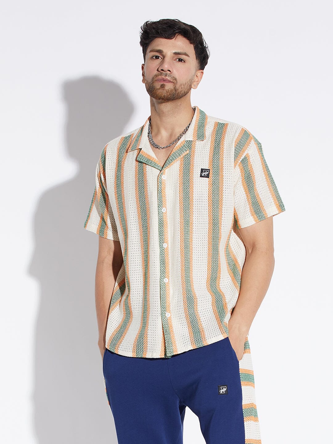 Beige And Olive Striped Lace Cuban Shirt