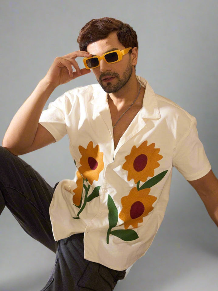White Corduroy Sunflower Cuban Shirt