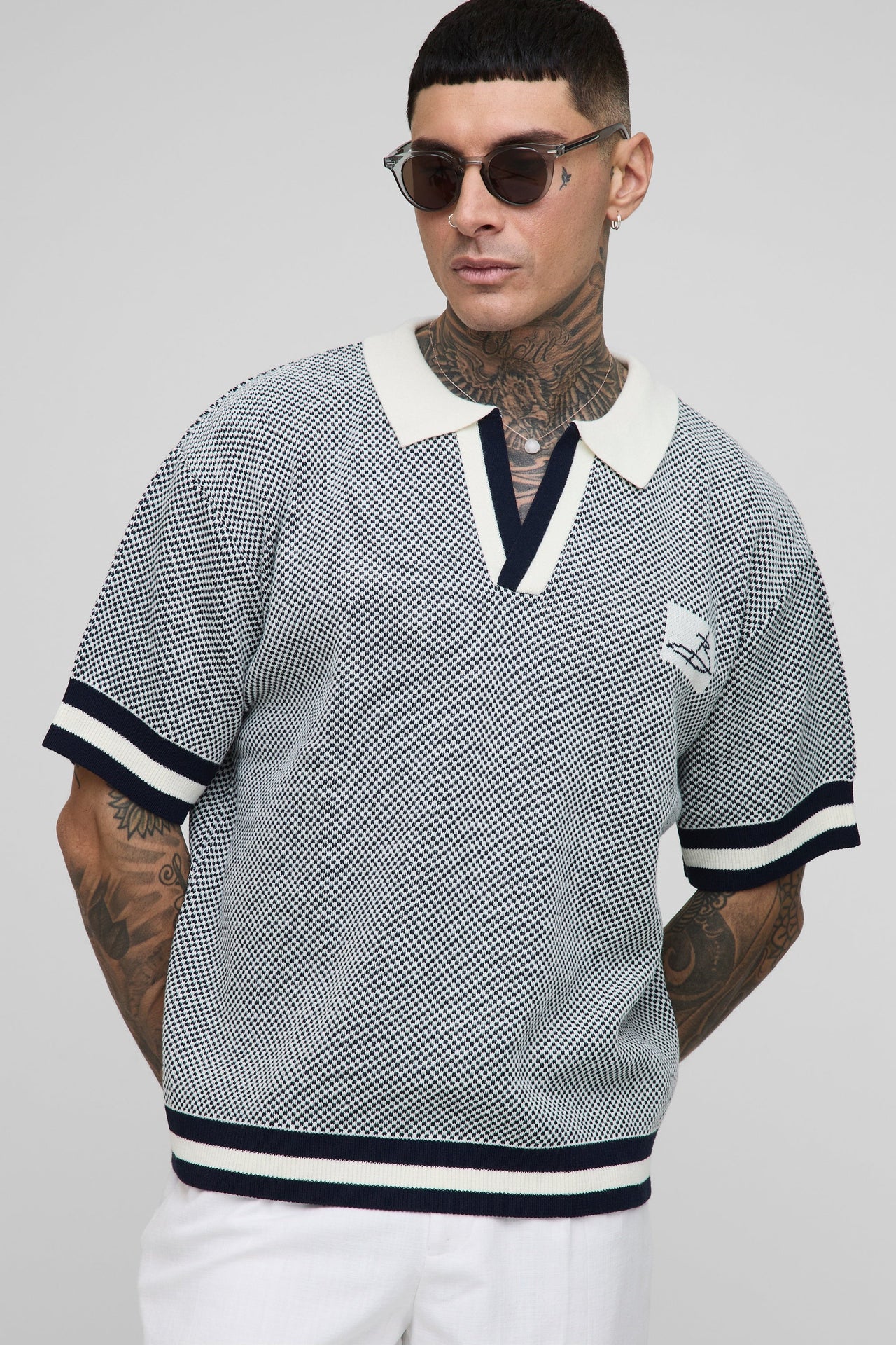 Tall Contrast Edge Open Knit Boxy Oversized Polo Shirt