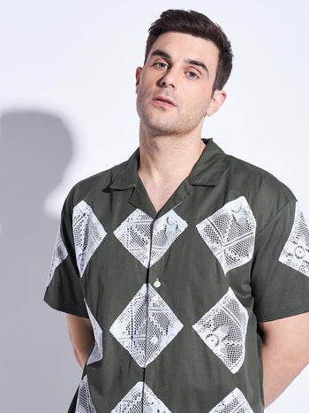Olive Lace Patched Cuban Shirt
