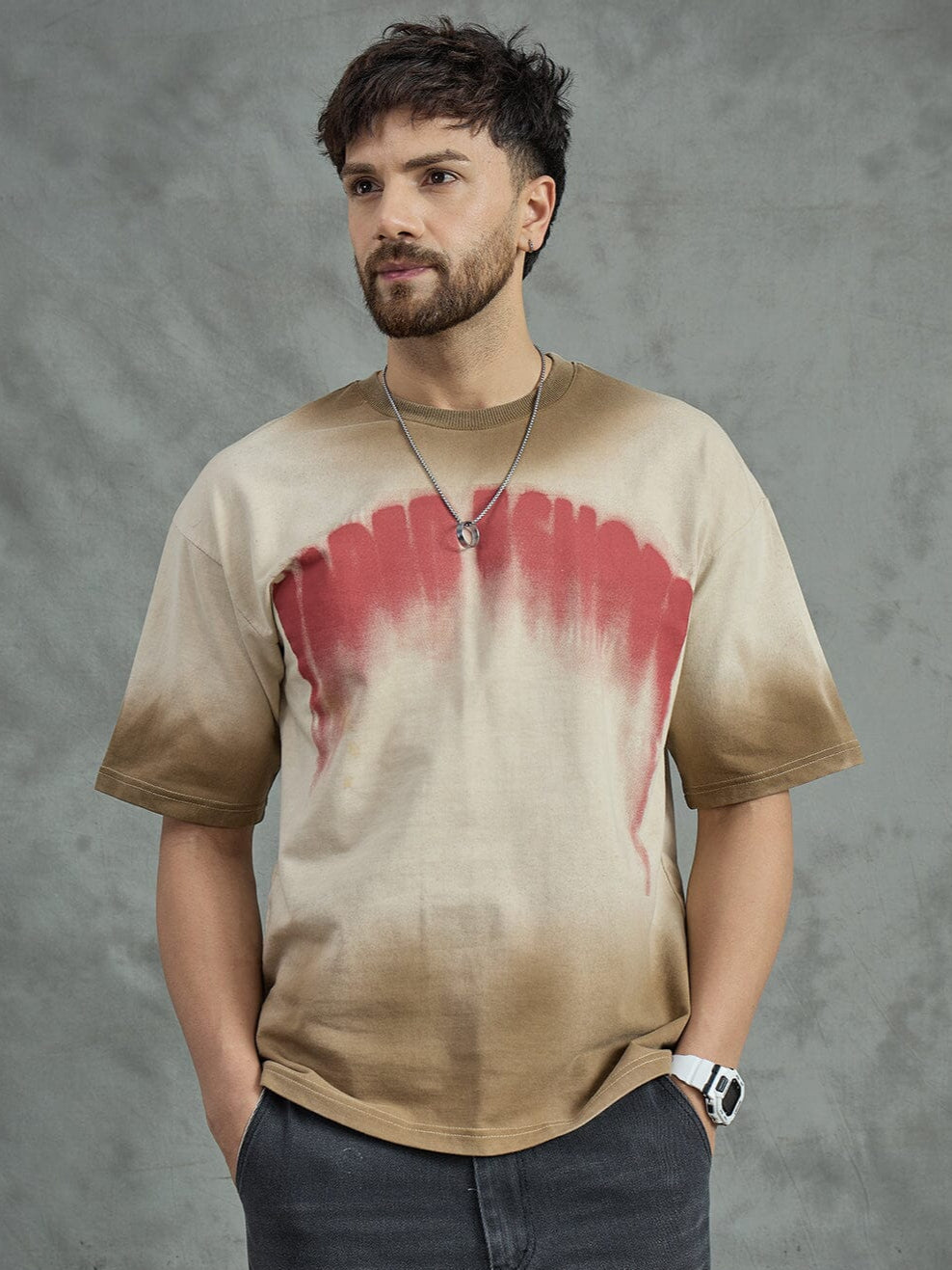 Biege Washed Faded Graphic Oversized Tee