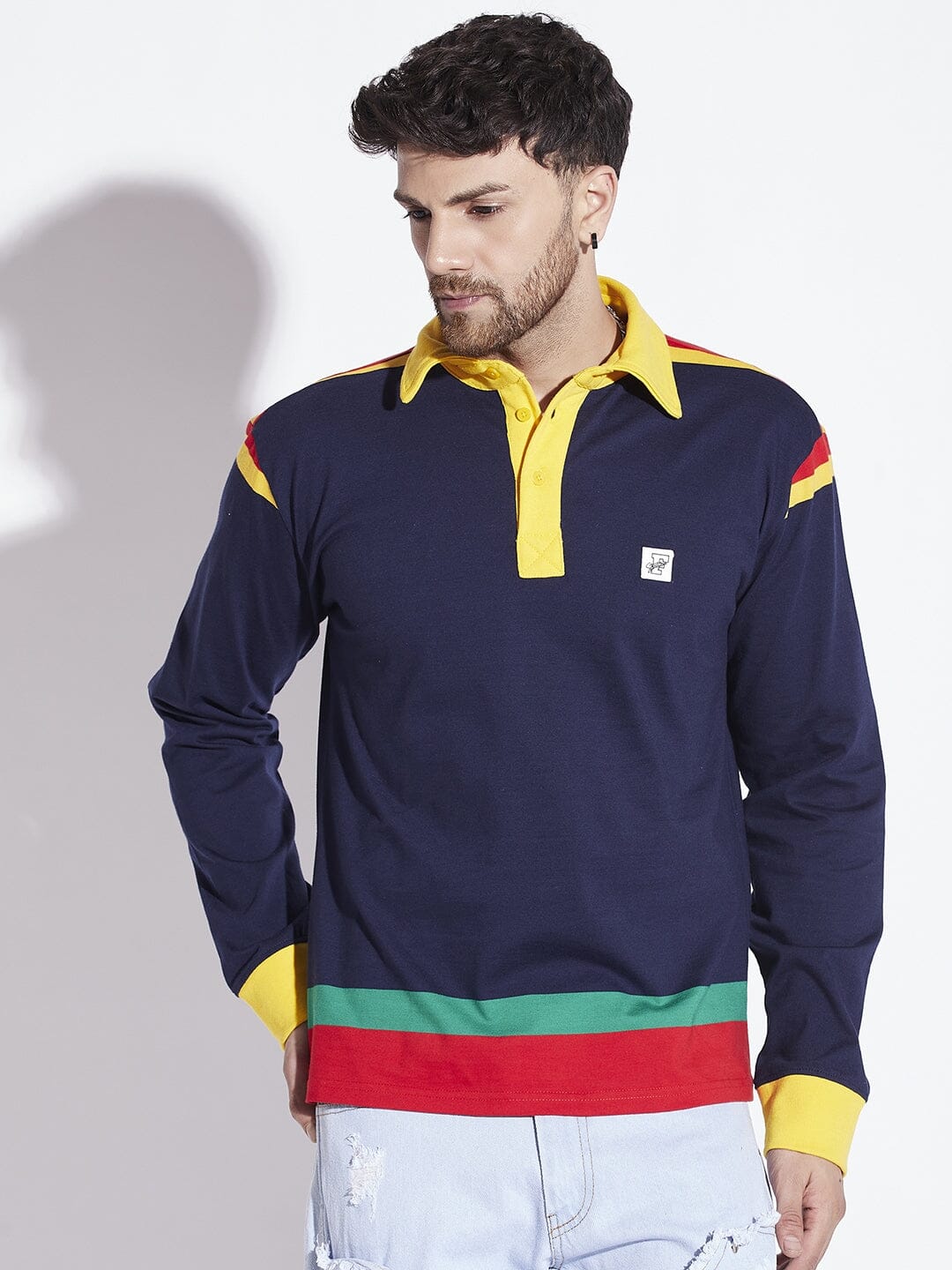 Blue Striped Oversized Longsleeve Polo Tee
