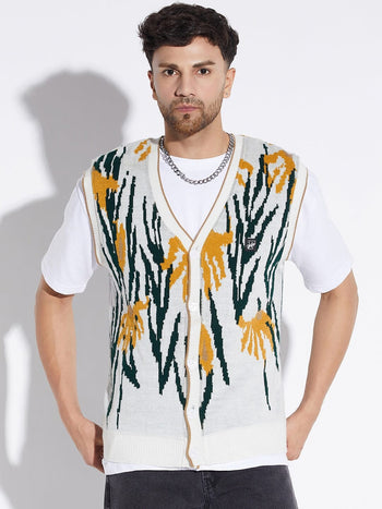 White Printed Sleeveless Cardigan