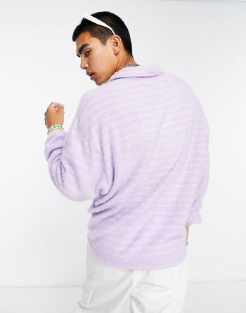 OVERSIZED LILAC STRIPE RUGBY SWEATSHIRT IN BRUSHED FABRIC