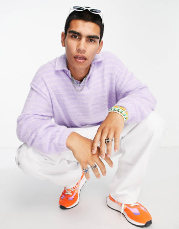 OVERSIZED LILAC STRIPE RUGBY SWEATSHIRT IN BRUSHED FABRIC