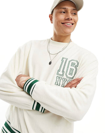 co-ord oversized sweatshirt in off white towelling with collegiate embroidery
