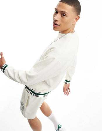 co-ord oversized sweatshirt in off white towelling with collegiate embroidery
