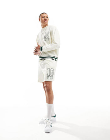 co-ord oversized sweatshirt in off white towelling with collegiate embroidery