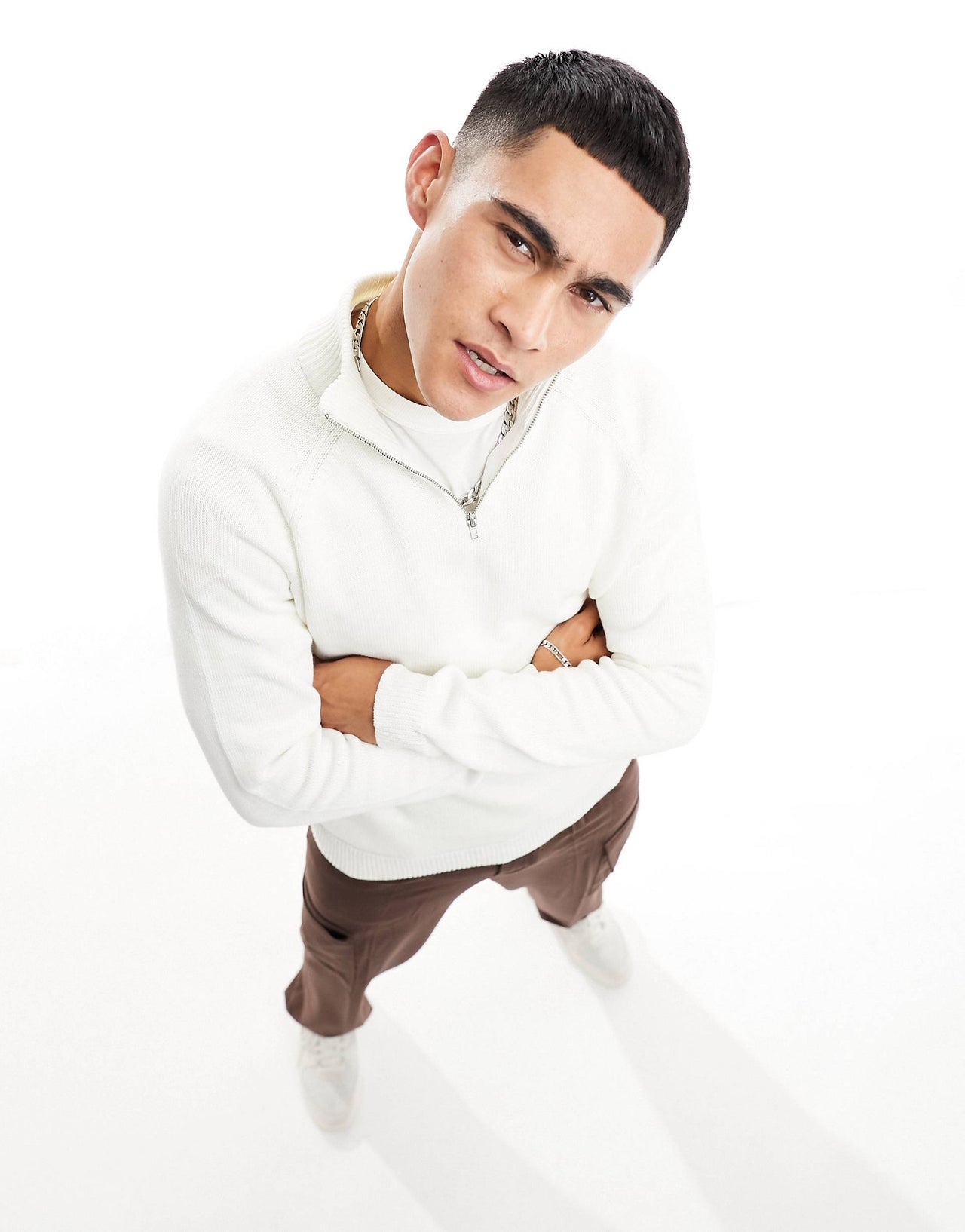 knitted midweight cotton 1/4 zip jumper in white