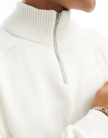 knitted midweight cotton 1/4 zip jumper in white
