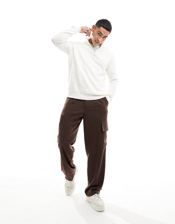 knitted midweight cotton 1/4 zip jumper in white