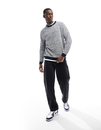 oversized knitted fisherman rib jumper in navy twist