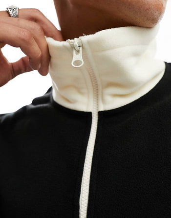 oversized funnel neck half zip polar fleece sweatshirt in black with contrast pocket