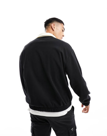 oversized funnel neck half zip polar fleece sweatshirt in black with contrast pocket
