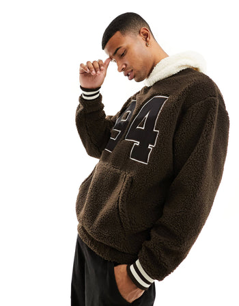 oversized hoodie with front embroidery in brown borg