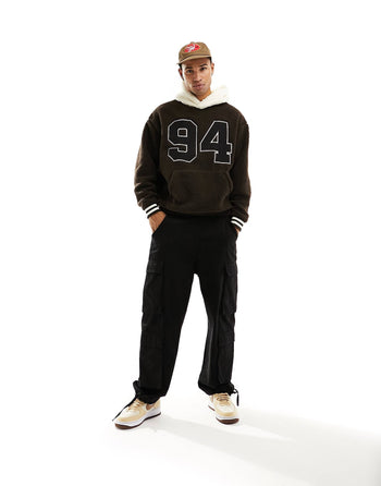 oversized hoodie with front embroidery in brown borg