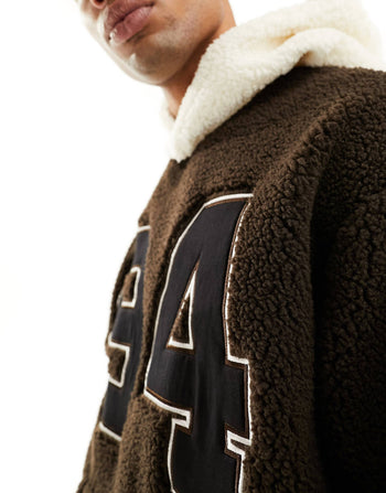 oversized hoodie with front embroidery in brown borg