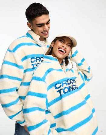 Crooked Tongues unisex oversized half zip with front embroidery in striped borg