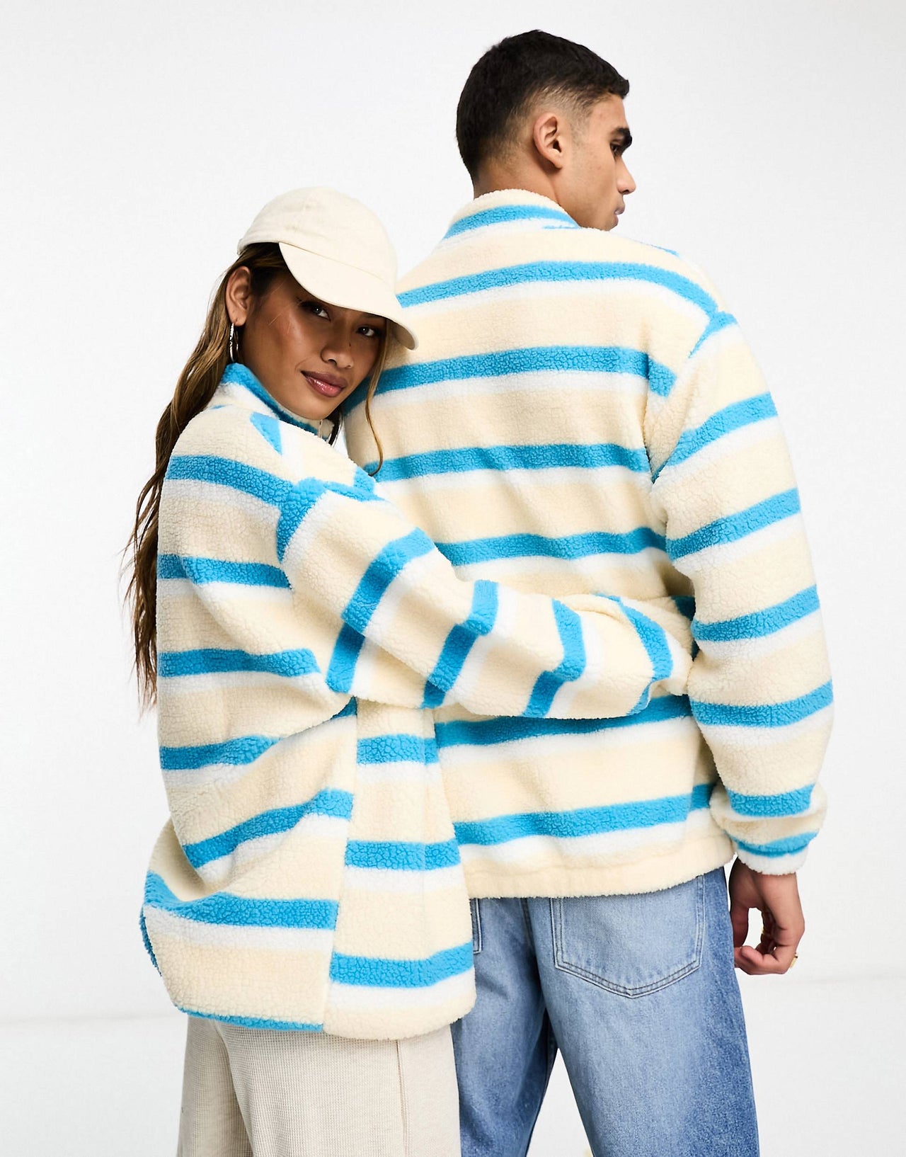 Crooked Tongues unisex oversized half zip with front embroidery in striped borg