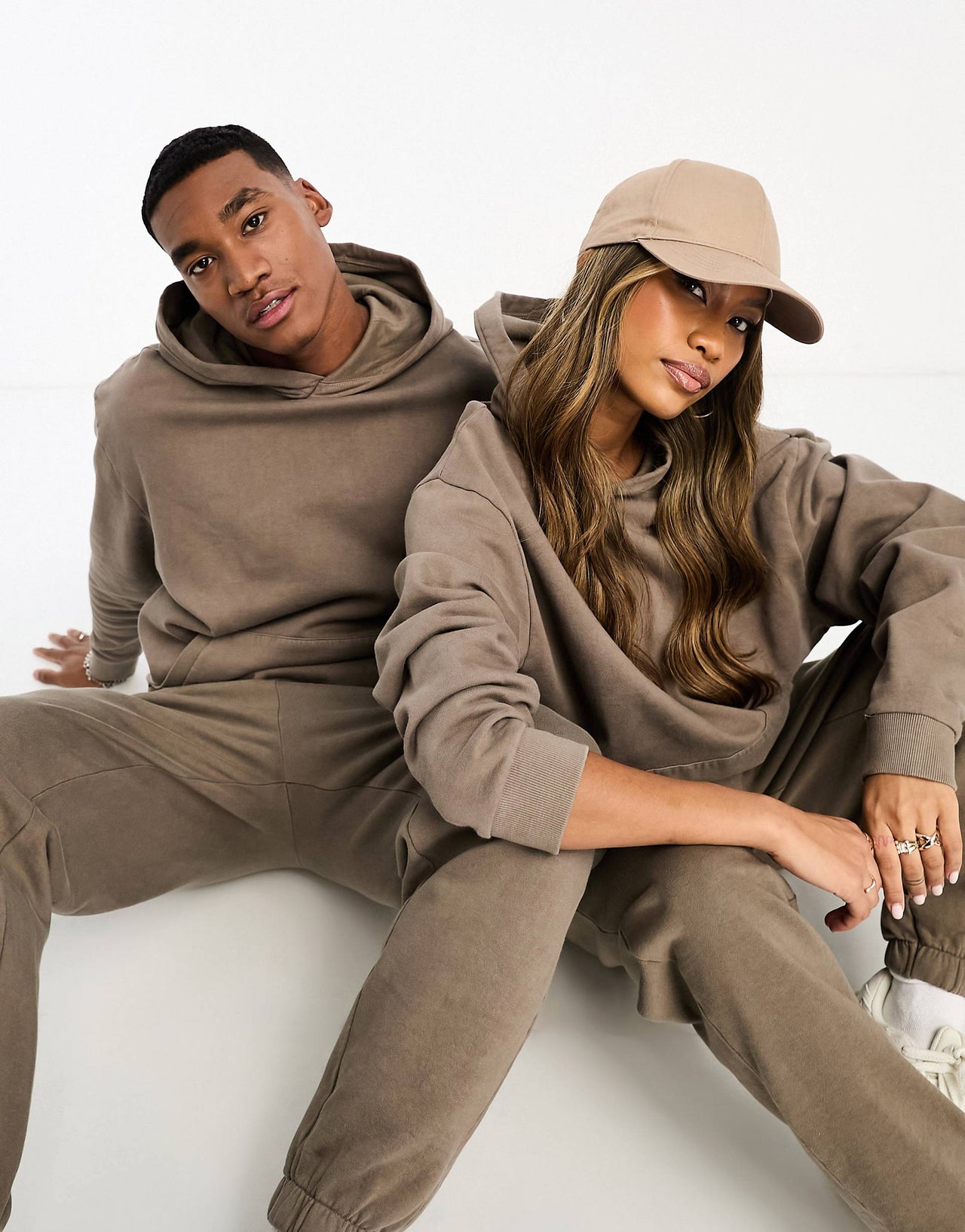 unisex oversized zip thru hoodie in brown with outdoors back & sleeve print