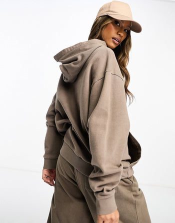 unisex oversized zip thru hoodie in brown with outdoors back & sleeve print