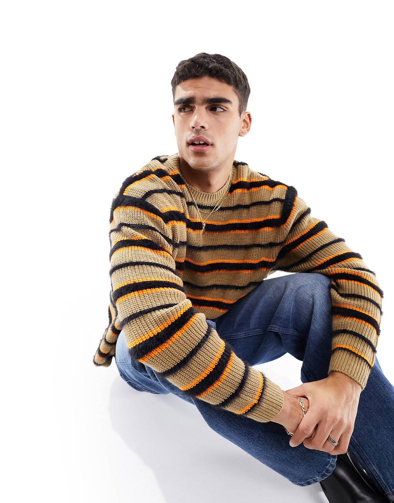 fluffy oversized jumper in stone and black stripe
