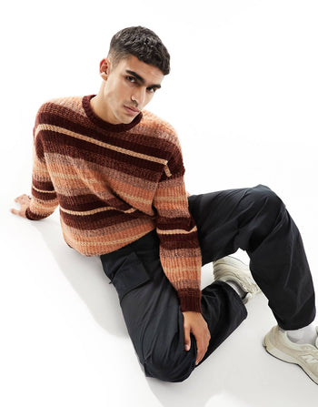 oversized knitted brushed ombre stripe jumper in orange and red