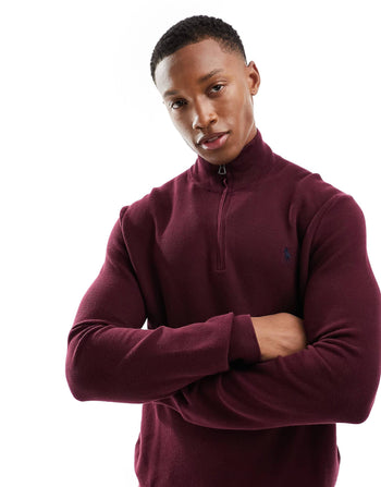 ICON LOGO HALF ZIP HEAVYWEIGHT COTTON KNIT JUMPER IN BURGUNDY