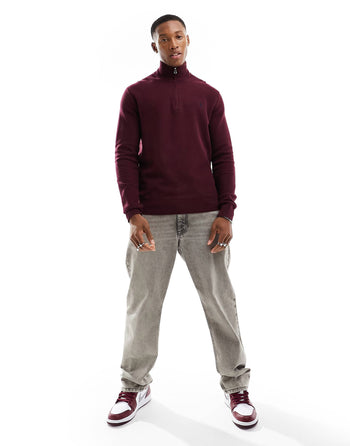 ICON LOGO HALF ZIP HEAVYWEIGHT COTTON KNIT JUMPER IN BURGUNDY