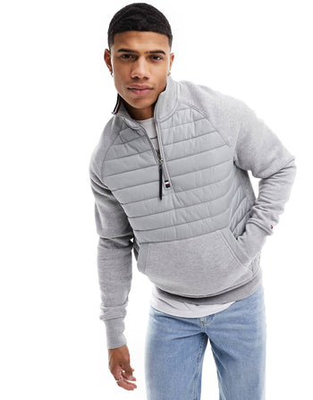 mix media half zip sweatshirt in light grey heather