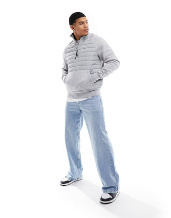 mix media half zip sweatshirt in light grey heather