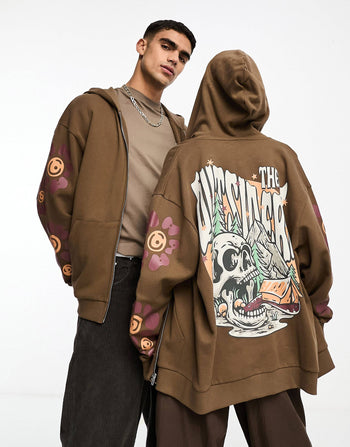 unisex oversized hoodie with Tazmanian Devil prints in brown