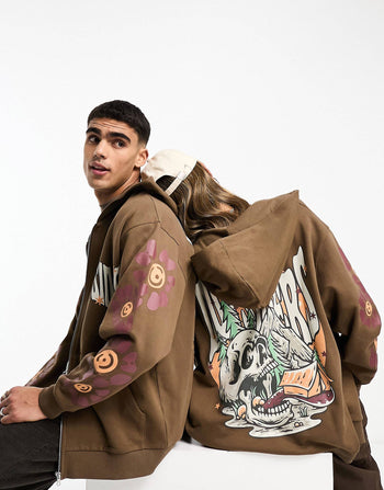 unisex oversized hoodie with Tazmanian Devil prints in brown