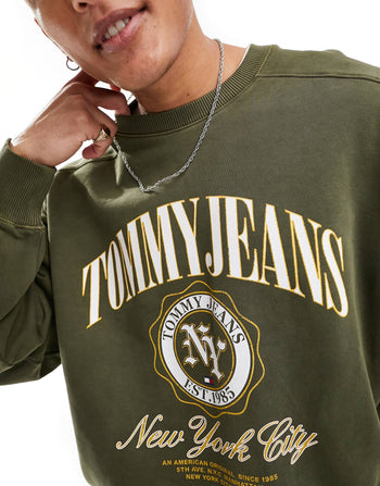 boxy luxe varsity crewneck sweatshirt in olive green