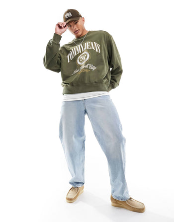 boxy luxe varsity crewneck sweatshirt in olive green