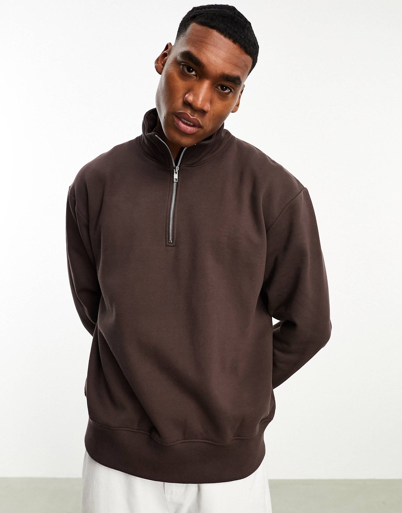 heavyweight oversized half zip sweatshirt in brown