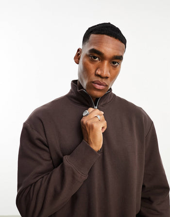 heavyweight oversized half zip sweatshirt in brown