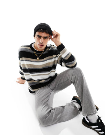 knitted oversized textured stripe jumper in monochrome